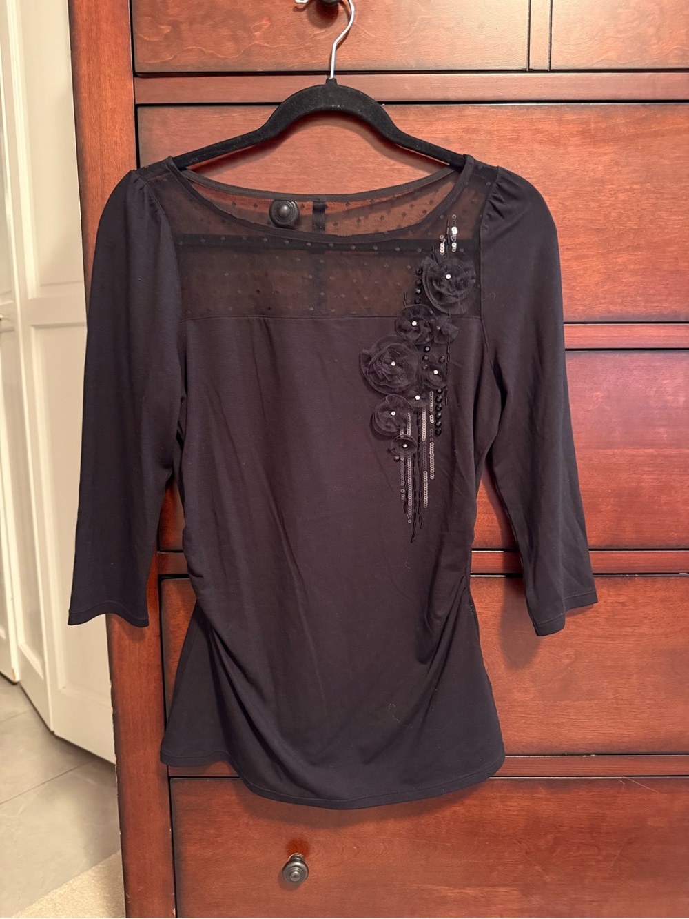White House Black Market Black Mesh Yoke Floral Applique Top